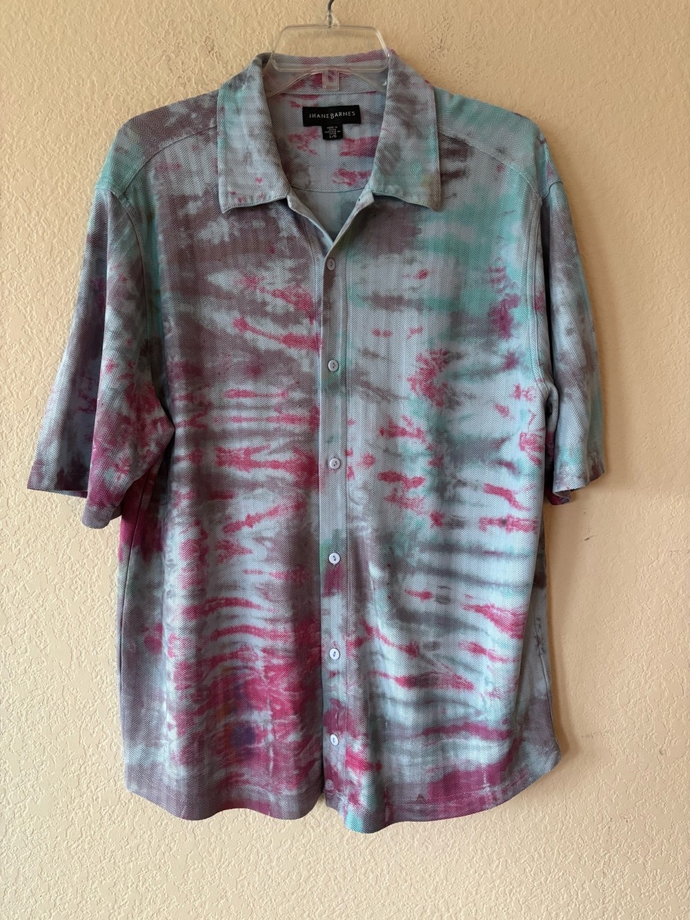 Jhane Barnes 100% Silk Tue Dye Button Up Shirt Mens L Short Sleeve Casual